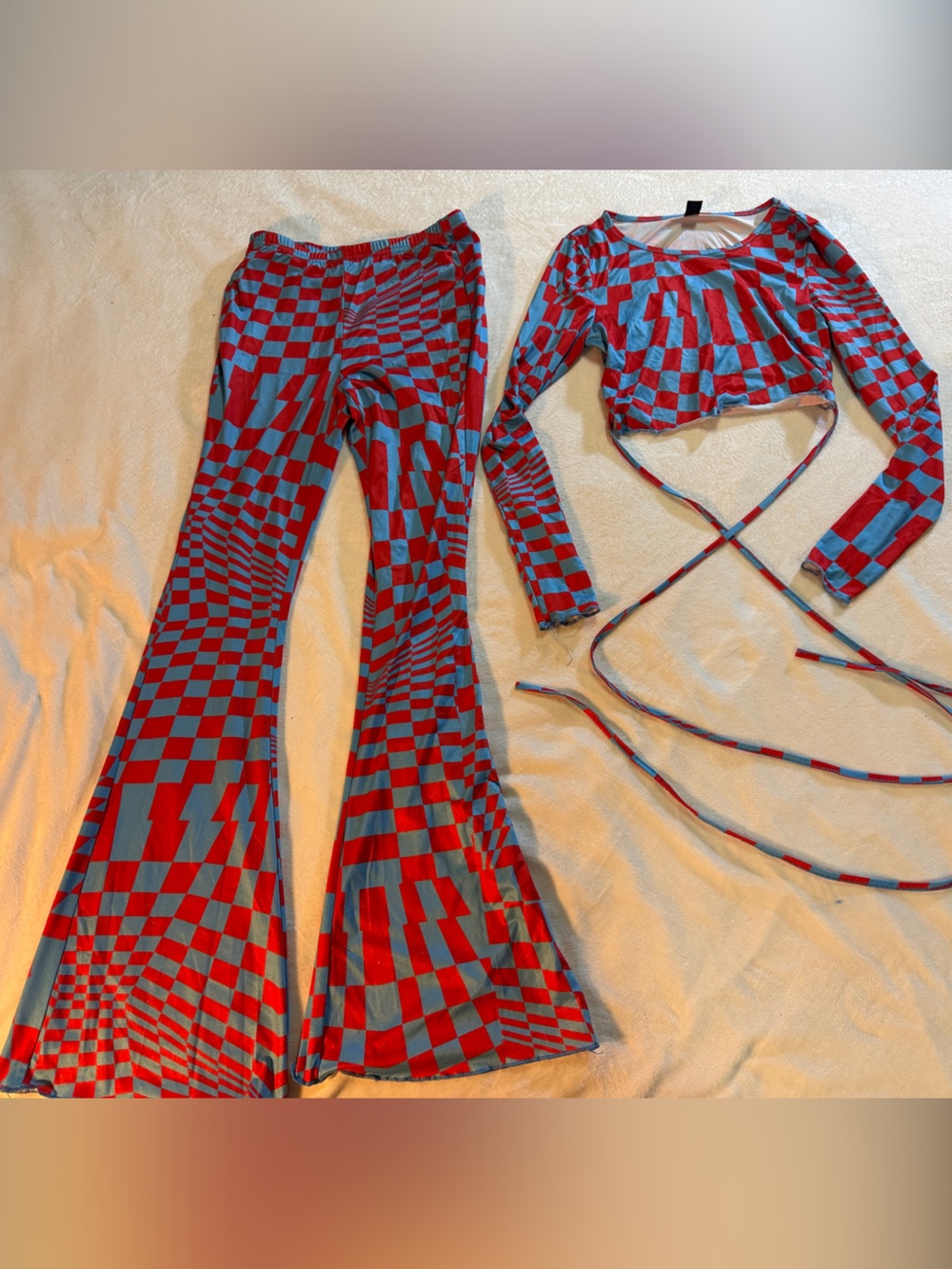 SHEIN Red & Blue Checkerboard Flare Pants and top with Wrap Ties